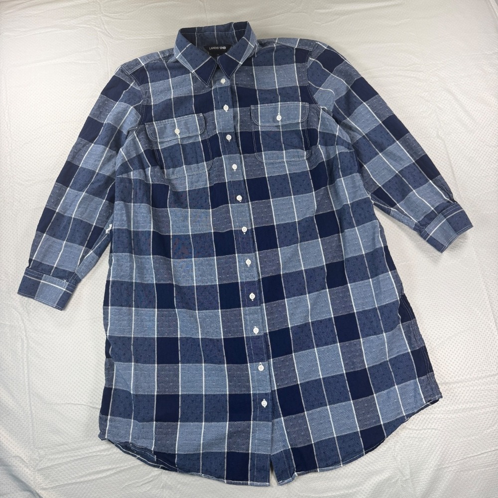 Lands End Dress Womens 1X Plaid Flannel Shirt Dress Blue Long Sleeve Cotton